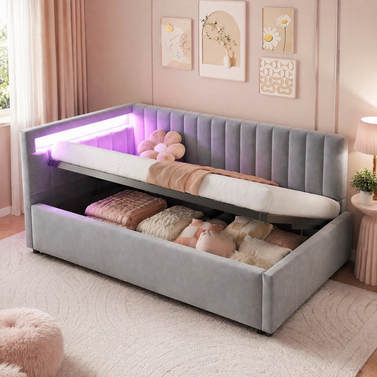 MIVRAY Gestoffeerd Bed 90x200 Cm - Daybed Met Led Verlichting En Hydraulische Opbergruimte - Woon Of Slaapkamer - Fluweel - Grijs - Zonder Matras Lichtgrijs