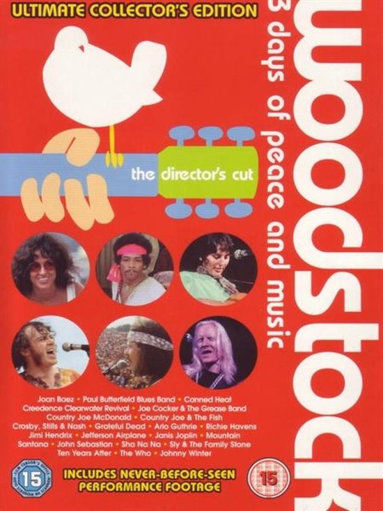 Voorzijde van de 'Ultimate Collector's Edition' DVD-box van Woodstock: The Director's Cut. Rood met een witte duif, gitaarhals, foto's van artiesten en tekst.