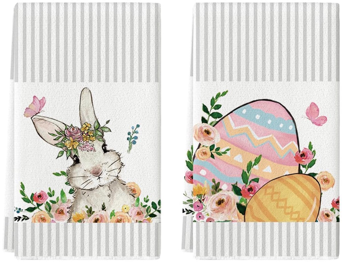 Mode Gestreepte Paaseieren Bloemen Konijn Konijn Pasen Keukenhanddoeken Theedoeken, 42x65 cm Lente Decoratie Handdoeken Set van 2