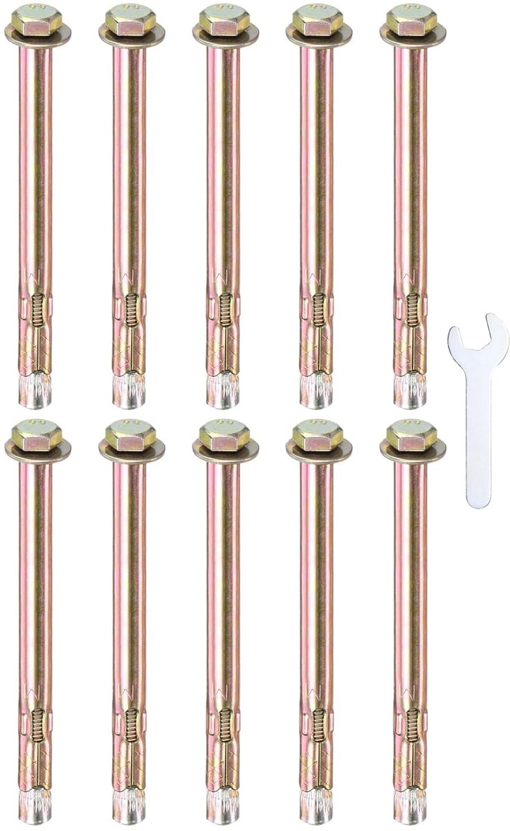 METERXITY 10 stuks zeskantige spreidpluggen M6 x 100 mm gekleurd verzinkt ijzer-koolstofstaal externe zeskant spreidplug met 10 mm moersleutel roestwerende metalen pluggen voor beton
