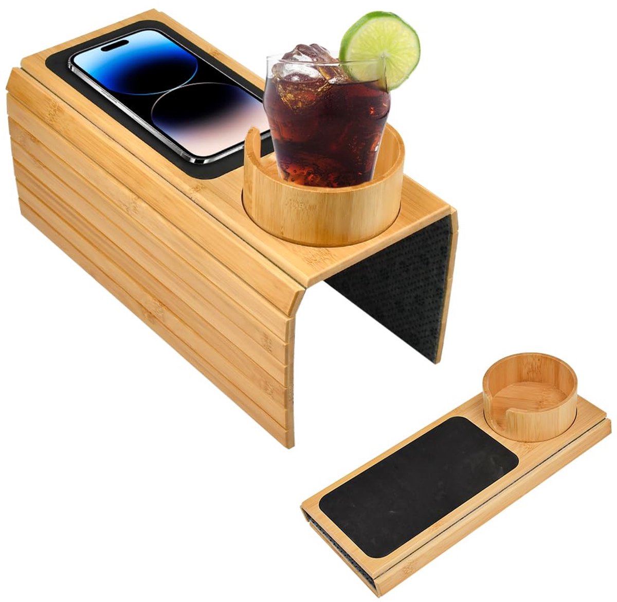 Dienblad, 41,5 x 33,5 cm, armleuning van bamboe, bekerhouder, bankorganizer, flexibele en opvouwbare armleuninghouder voor snackbekers, afstandsbediening