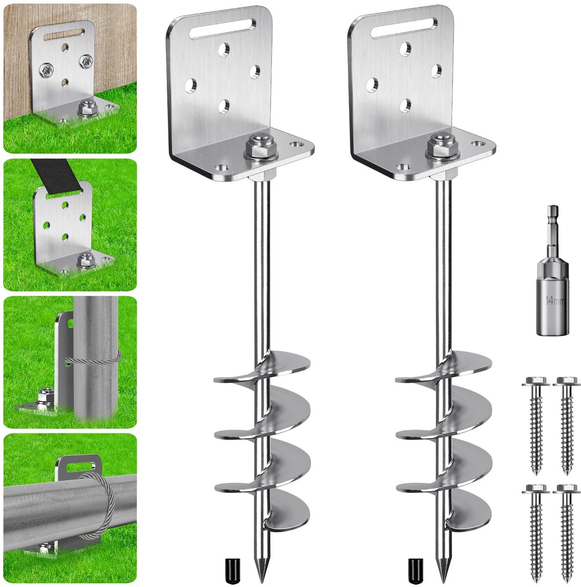 Tentharingen, grondanker, 50 cm, zware belasting, trampoline, 2 schroefharingen, 7,6 cm, spiraal, windstorm, klimrek, spike voor schommel/camping/schuren/hond/carport met vaste plaat