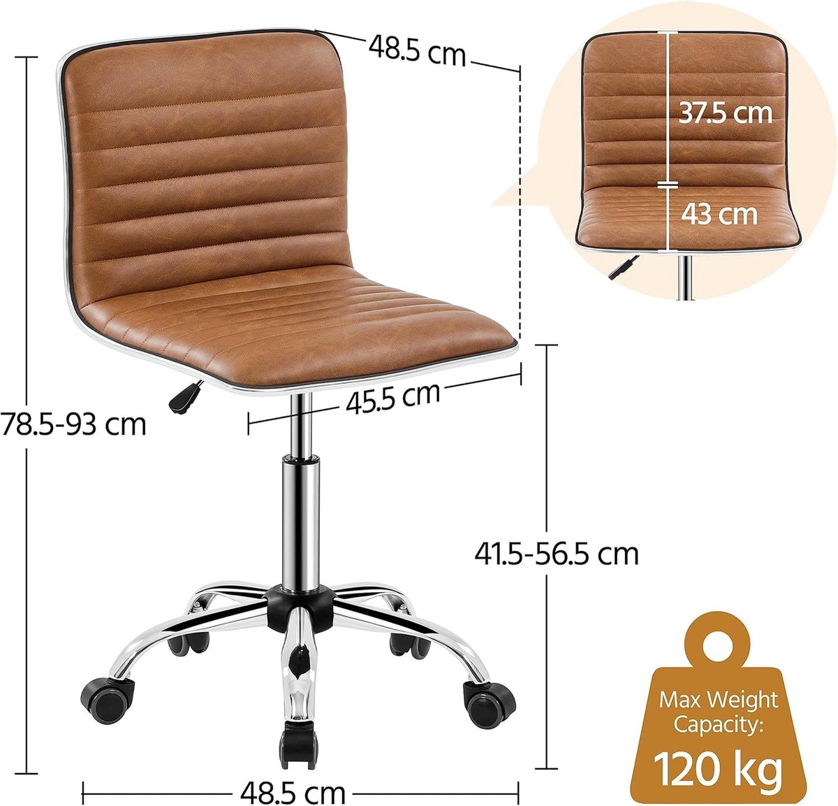 Bureaustoel Ergonomisch - In Hoogte Verstelbare Bureaustoel zonder Armleuningen - Comfortabele PU Leren Bureaustoel met Wielen - Voor Thuiswerkplek, Kantoor en Studie - Werkstoel, Computerstoel, Kantoorstoel thumbnail 6