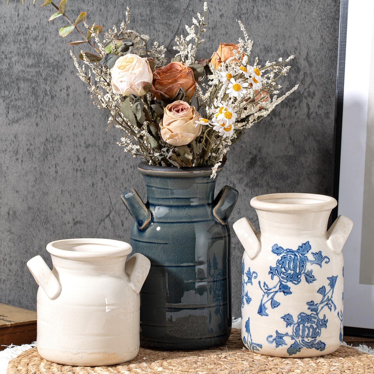 Vaas set van 3 met twee handgrepen, blauw wit neutraal rustieke moderne boerderij boho decoratie, veelzijdig als tafelcentrum of mantel & plank accent - uniek cadeau-idee voor thuis