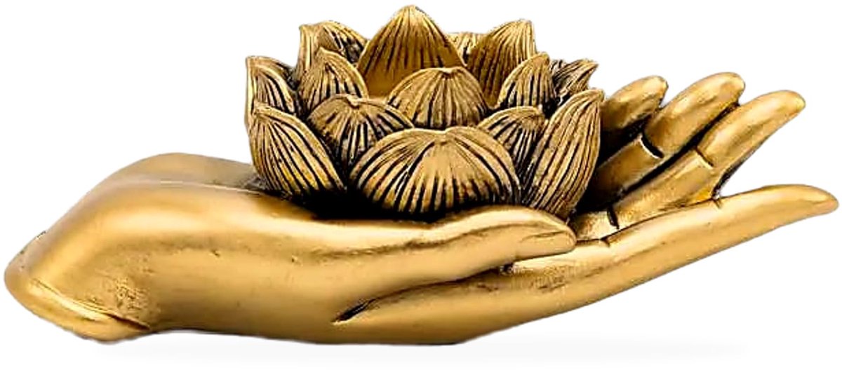hand met lotusbloem, goud, kaarsenhouder van polyhars, spirituele decoratie voor yoga, meditatie, woonkamer, spa, 16 x 8 x 5,5 cm