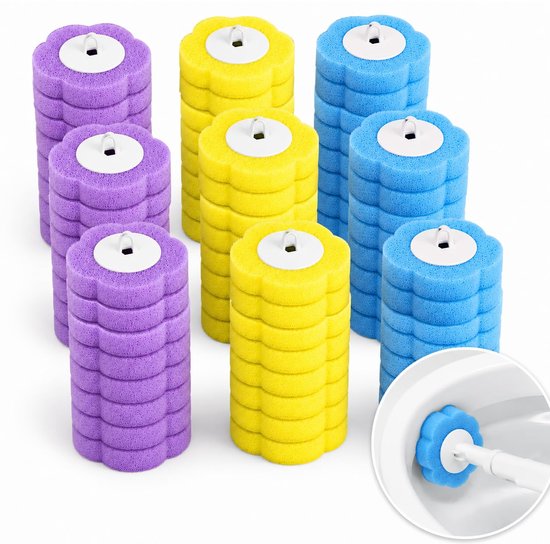 Dix recharges de brosses éponge remplaçables en bleu, jaune et violet, avec une extrémité en forme de fleur.