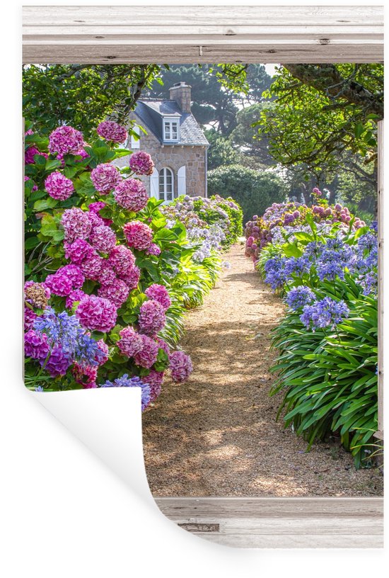 Muurstickers - Sticker Folie - Hortensia - Doorkijk - Bloemen - Zomer - Paars - Pad - 60x90 cm - Plakfolie - Muurstickers Kinderkamer - Zelfklevend Behang - Zelfklevend behangpapier - Stickerfolie