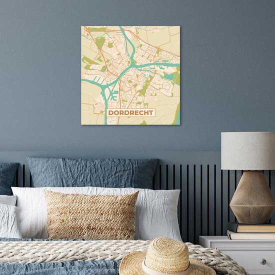 Carte murale de Dordrecht avec routes et voies navigables en orange, vert et beige.