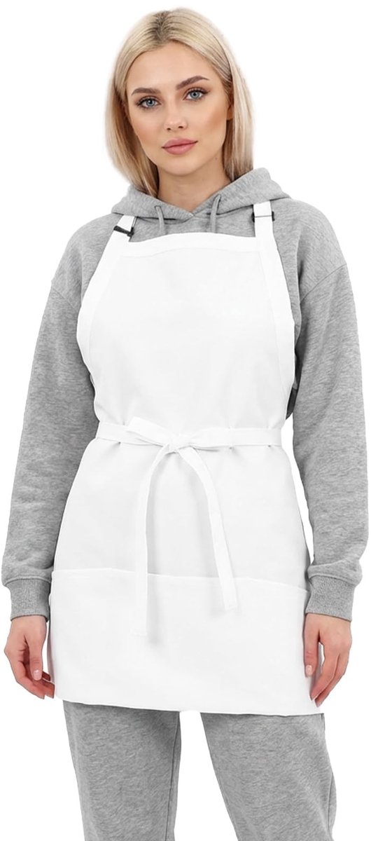 Dailygoods- Kookschort Wit - Kookkostuum Volwassenen - Schort Dames - 100% Polyester - Drie Zakken - Ademend en Comfortabel - Keukenschort