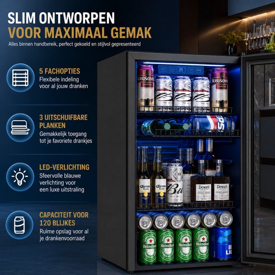 Celestul Drankenkoelkast 90L Zwart - Minibar met Glazen Deur - 126 Blikjes - No Frost - LED Verlichting - Bierkoelkast — afbeelding 4