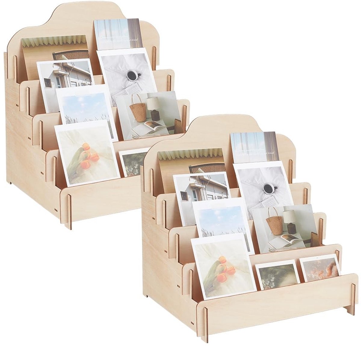 Dailygoods- Wenskaartenstandaard Draagbaar - Multifunctionele Displaystandaard - 4 Niveaus - Houten Houder - 30 x 26,4 x 32,2 cm - Zelfklevend - Kaartstandaard