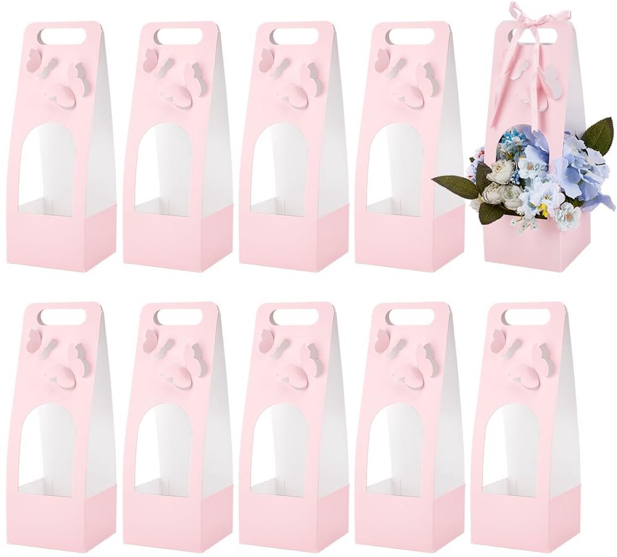 Dailygoods- Cadeauzakjes 10 stuks - Papieren Zakjes - Boeketdozen met Venster - Roze Bloemen - Verpakking voor Bruiloft/Verjaardag - 12 x 12 x 34,5 cm
