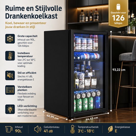 Celestul Drankenkoelkast 90L Zwart - Minibar met Glazen Deur - 126 Blikjes - No Frost - LED Verlichting - Bierkoelkast — afbeelding 2