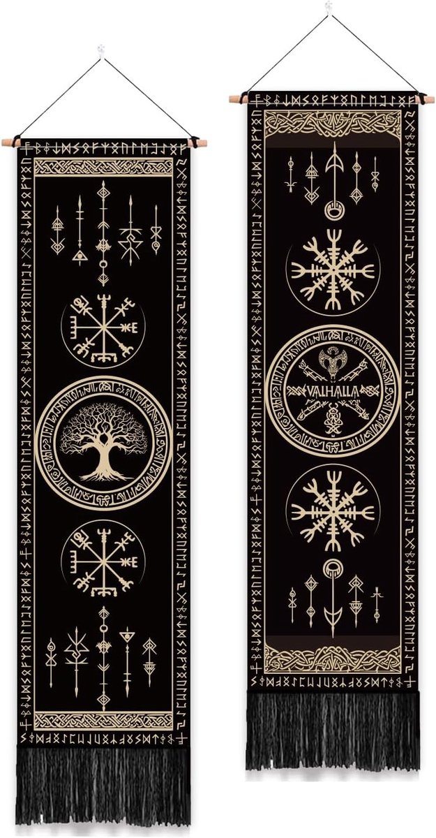 2-delig Viking Symbolen Wandkleed met Kwastjes Boom des Levens Esthetisch Muurhangend Verticaal Thuiskunst Wandkleed voor Slaapkamer Badkamer Woonkamer Lange Smal Muurhangende Kunstdecoratie
