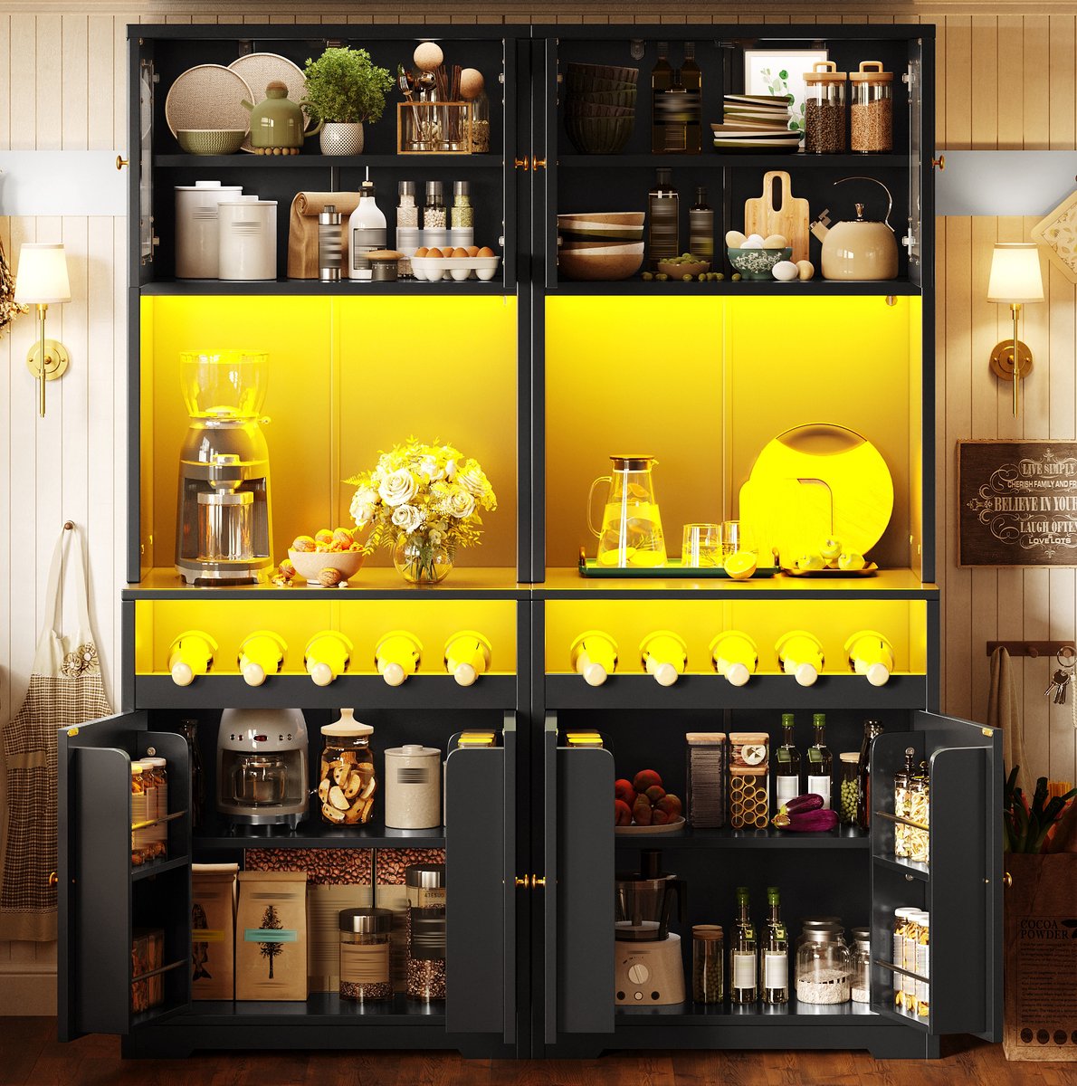 STILVORA Keukenkast - 2 Delige Hoogkast Met RGB Led En Glazen Deuren - Met Wijnrek Voor Keuken En Eetkamer - Zwart - 140x38,3x180 Cm