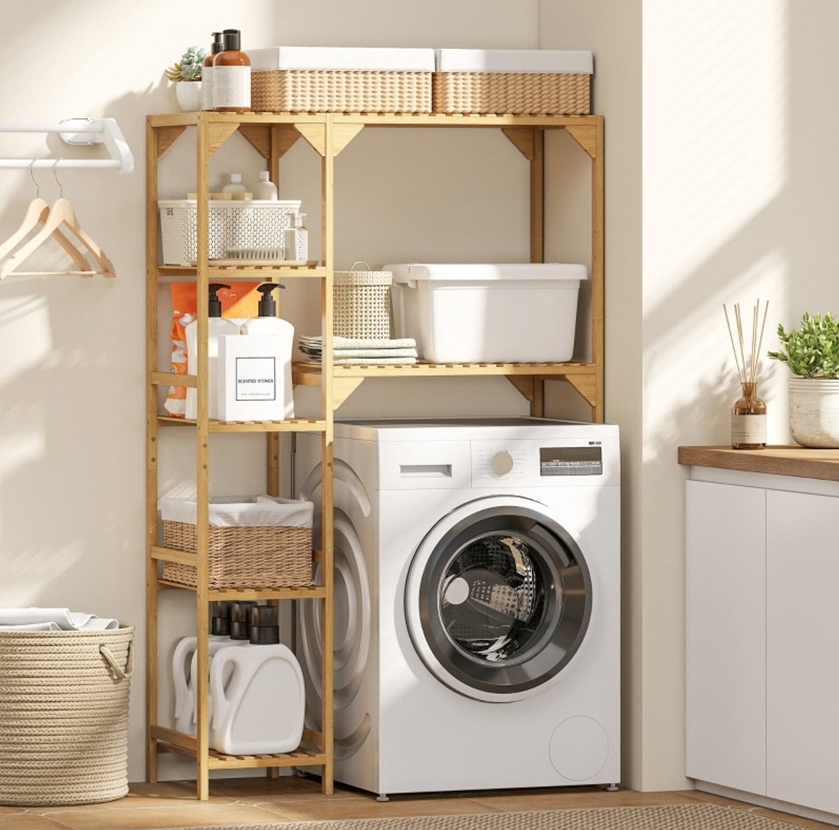 Image of MEUNIQ wasmachinerek 100 x 40 x 157 cm met 7 open schappen, verstelbare zijplanken, boven wasmachine of droger, bamboe opbergrek voor wasruimte, Naturel