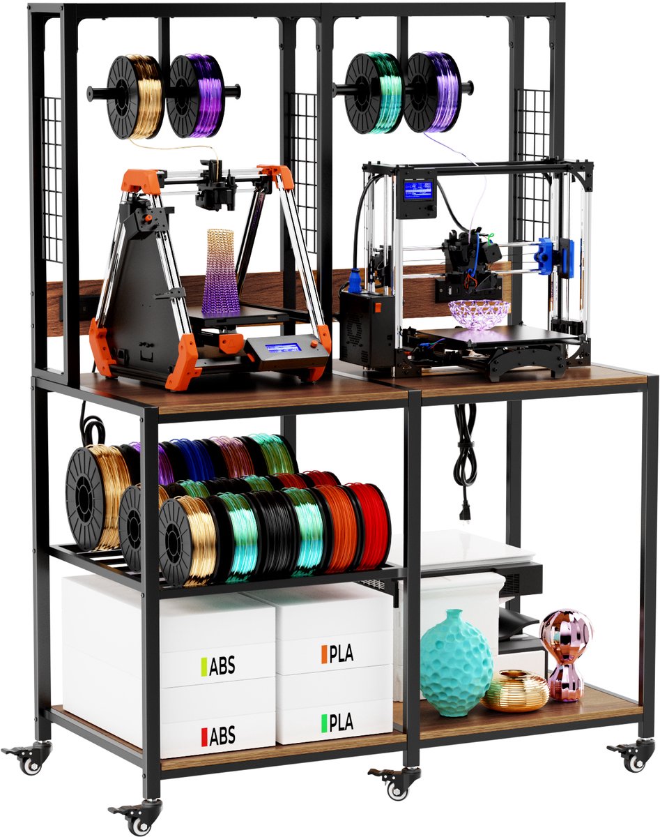 Zubaliya Dubbele 3D-printerstandaard - metaal zwart - T-vormige filamenthouder - 360° zwenkwielen met rem - voor 2 printers