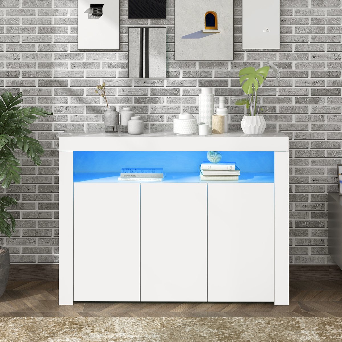 Sideboard - 130x35x95 cm wit hoogglans - LED met app & afstandsbediening - 3 deuren - E1 milieuvriendelijk