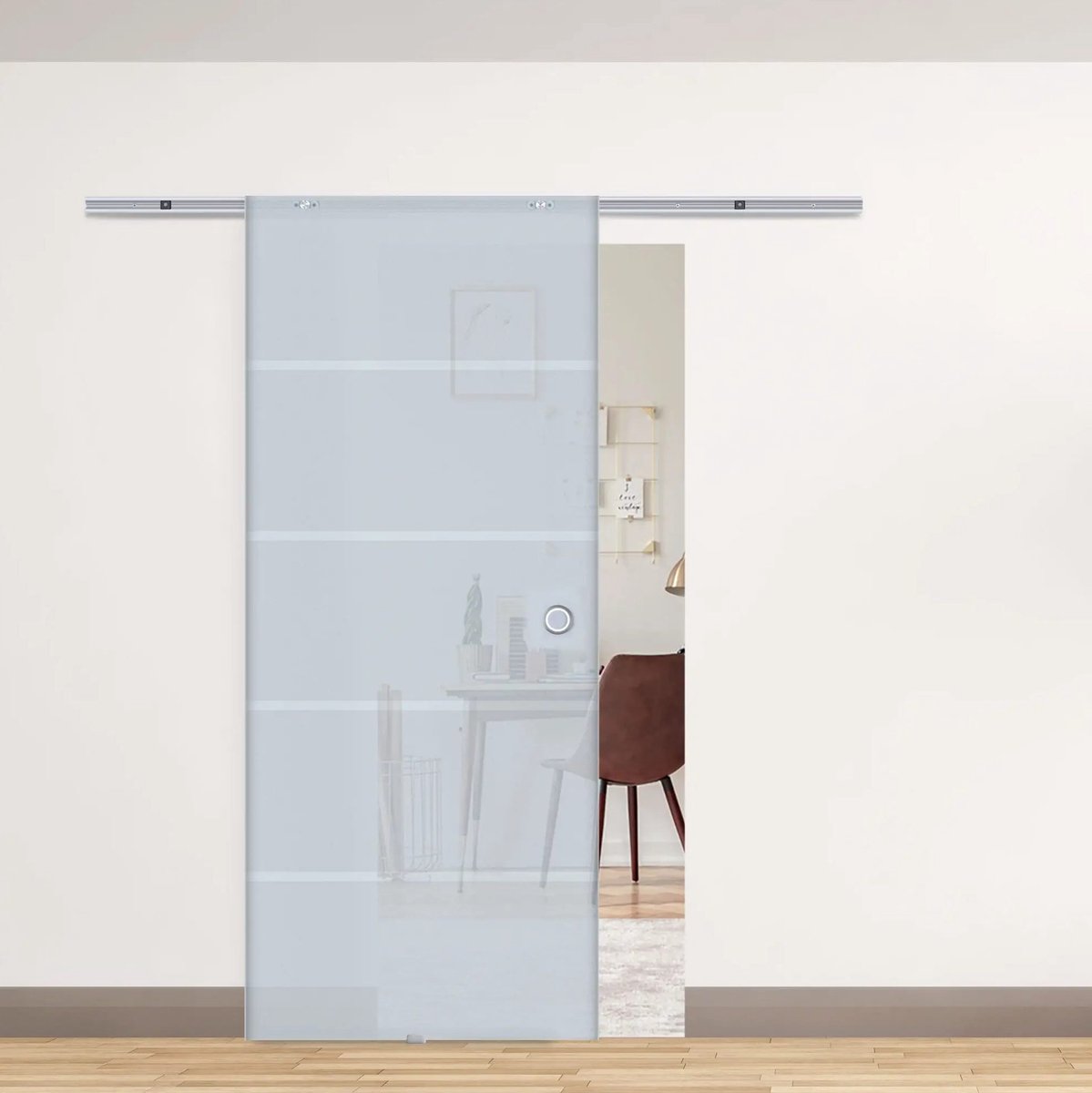 MEUNIQ glasschuifdeur 90 x 205 cm van deels gesatineerd veiligheidsglas met aluminium railsysteem, schuifdeur voor binnenruimte met compleet montagemateriaal, transparant