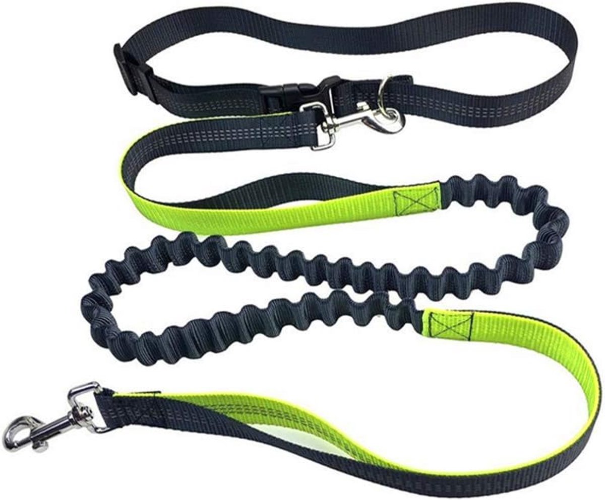 handsfree hondenriem met verstelbare heupriem en intrekbare bungee, jogginglijn met reflecterende stiksels (groen handvat)