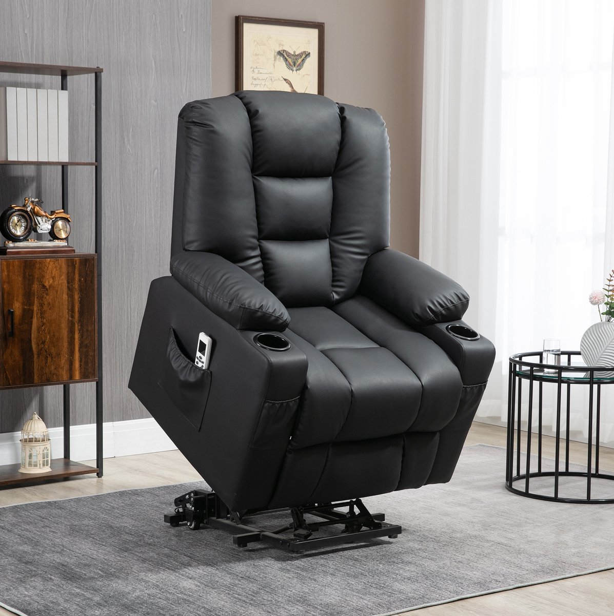 MEUNIQ elektrische relaxfauteuil massagestoel met sta-op functie, ligfunctie tot 150°, USB, afstandsbediening, bekerhouders en wielen, 150 kg, zwart