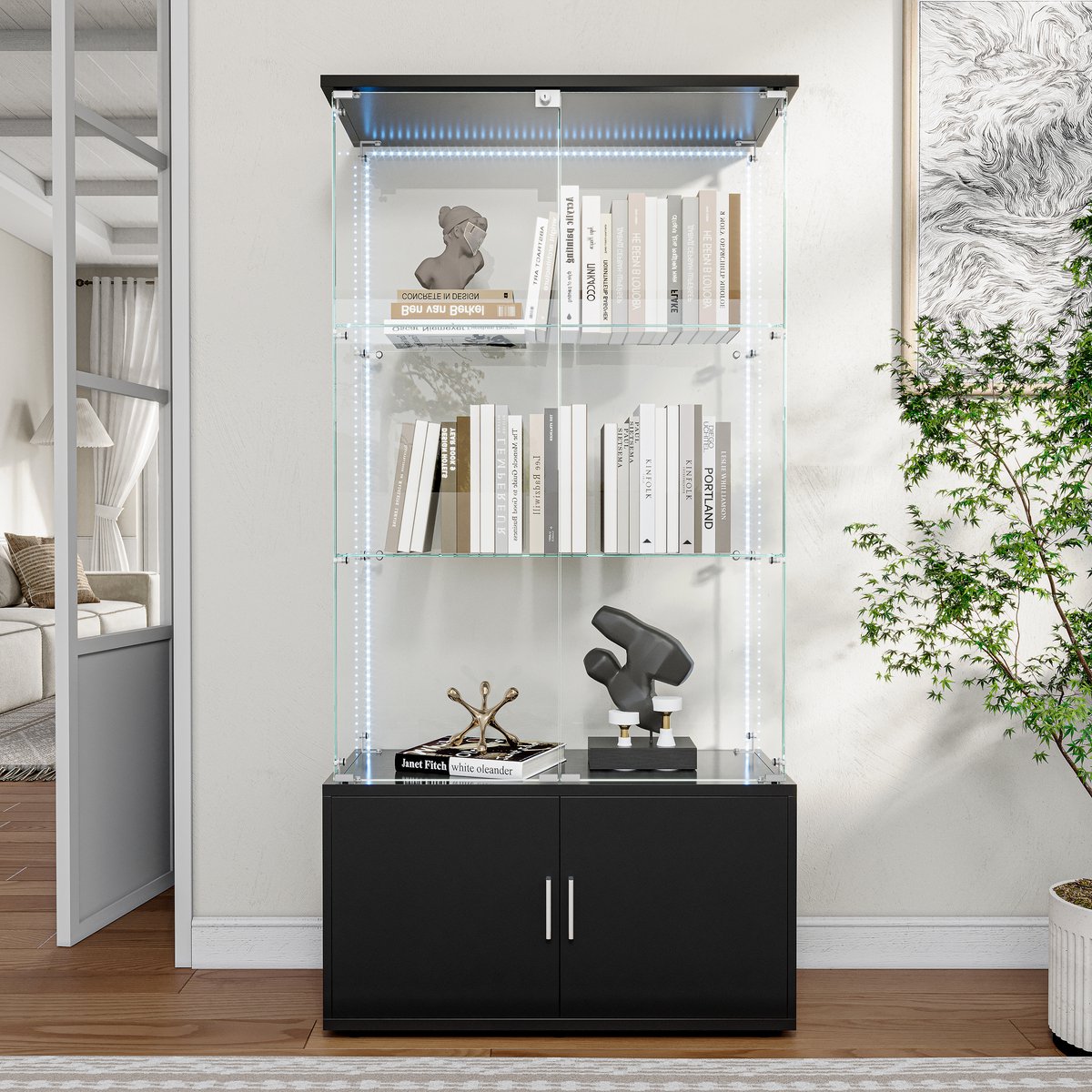 Glazen Display Kast Zwart met LED Strip – Vitrinekast met Slot – 3 Laags Showcase Cabinet