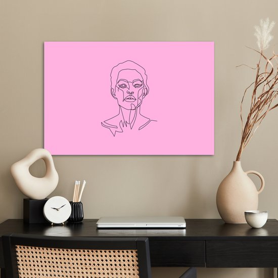 Femme art Line avec les cheveux courts sur un papier d'affiche de fond rose 90x60 cm - impression photo sur l' affiche (décoration murale salon / chambre à coucher)
