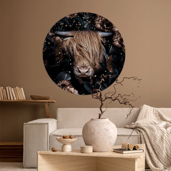 Papier peint Circle - Scottish Highlander - Vaches - Fleurs - Lumière - 100x100 cm XXL