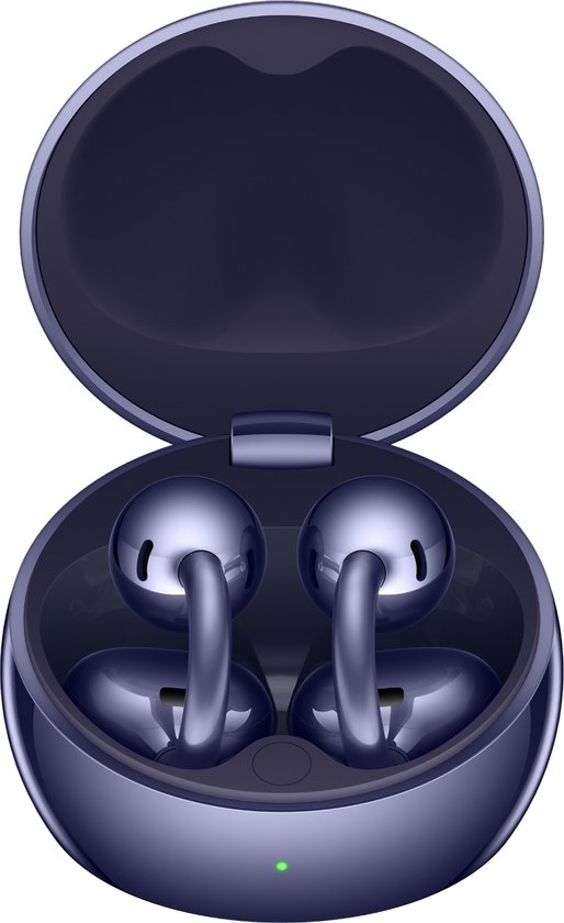 Paarse draadloze oordopjes met lange steeltjes in een open ronde paarse oplaadcase.