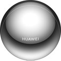 Zilverkleurige, ronde oplaadcase van Huawei met een glanzende, spiegelachtige afwerking.