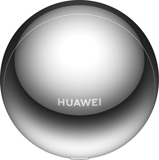 Zilverkleurige, ronde oplaadcase van Huawei met een glanzende, spiegelachtige afwerking.