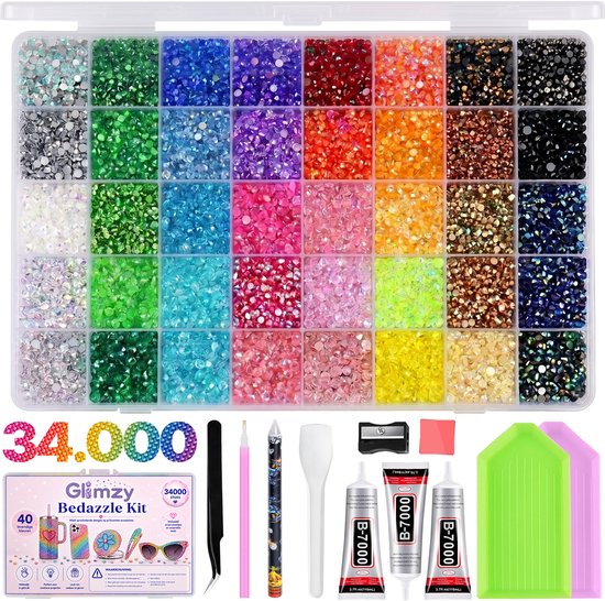 Glimzy® Bedazzle Kit - Bedazzling Kit met 34.000 Strass Steentjes - DIY - Complete Set met Lijm en Applicators - Bedazzle Steentjes voor Kleding
