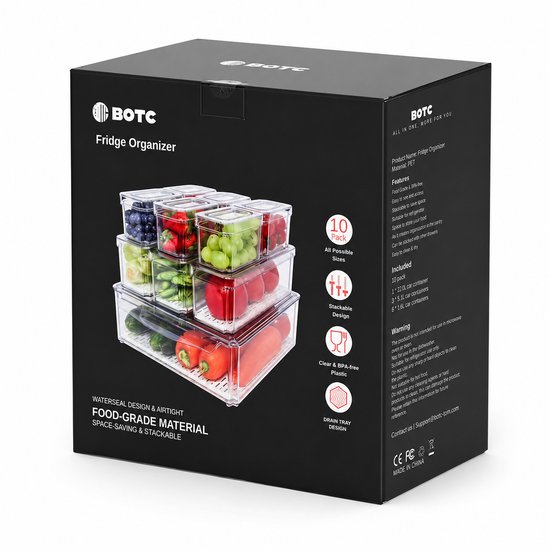 BOTC Keuken organizer set, 10 transparante bakjes met verschillende inhoud, voor koelkast en lades.