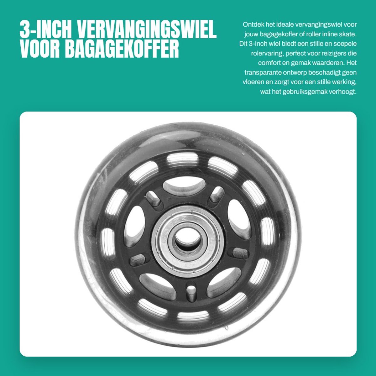 Dailygoods- Vervangingswiel 3-inch - Transparant Mute-wiel - Slijtvast PU-materiaal - ABEC-3 Lager - Geschikt voor bagagekoffer/roller - Perfecte vervanging voor defecte wielen