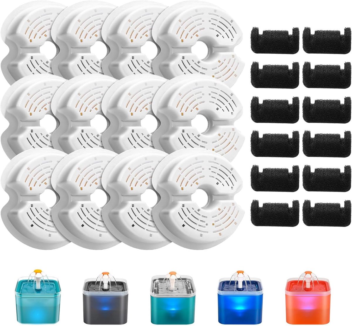 Filter voor kattenfontein, 12 stuks filters + 12 stuks schuimstoffilters, meervoudige filtering, geschikt voor F2