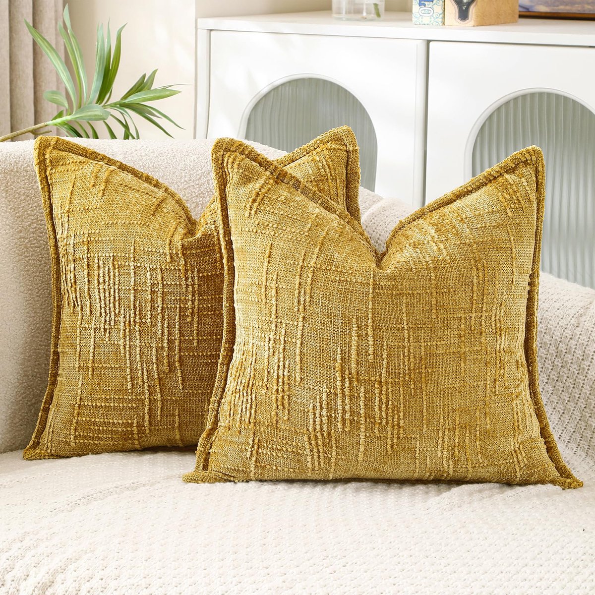50 x 50 cm, geel, chenille, decoratieve zachte 40 x 40 cm, bankkussen, sierkussen, sierkussen, sierkussensloop, bankkussens voor woonkamer, bank, bed, slaapkamer, set van 2