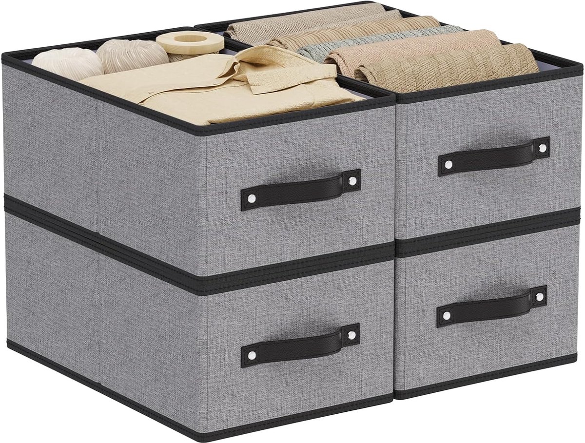 kastbak met handgrepen, opvouwbare opbergmanden, stoffen containers opbergdozen voor het organiseren van planken, grijs, 4-pack, groot, 41×25×16.5cm