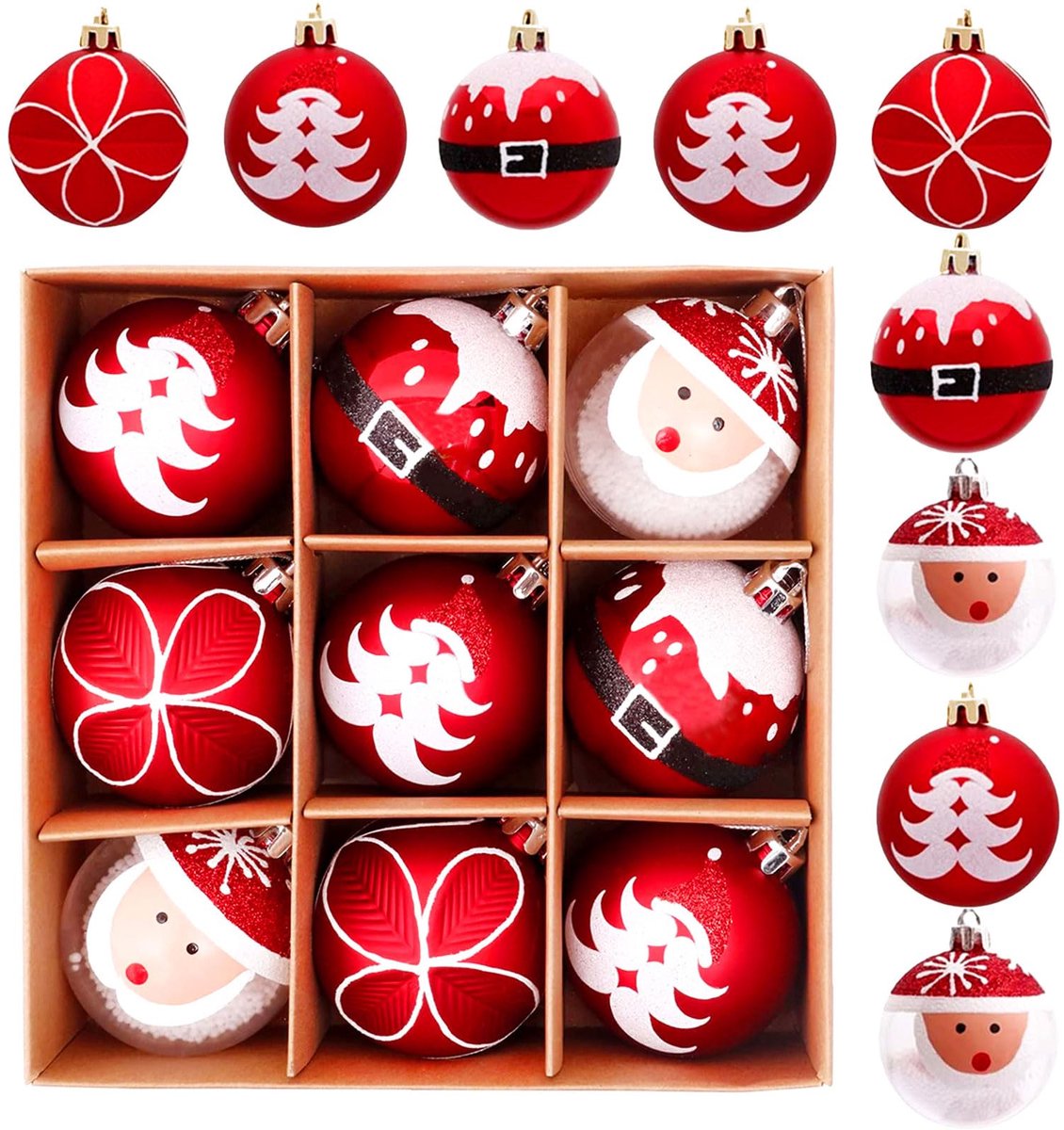 9 stuks kerstbaldecoraties, 6 cm onbreekbare hangende kerstbal, kerstman, hangende kerstballen, ballen, ornamenten voor kerstboom, kerstboomdecoratieset voor kerstfeest, rood