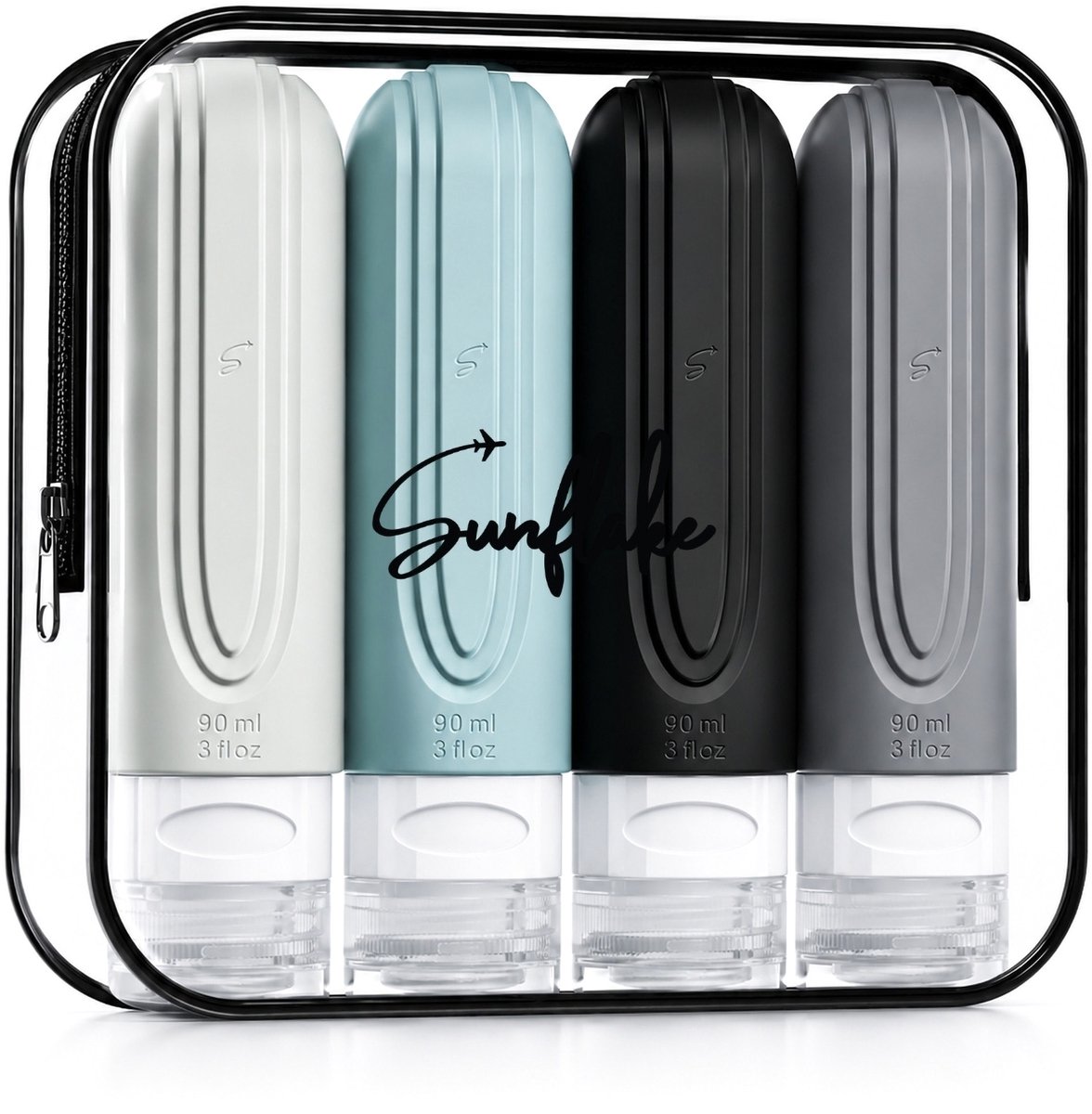 Reisflesjes Set 4x 90ml Navulbaar - Siliconen & Lekvrij – Handbagage Vliegtuig (100ml formaat) - Sunflake