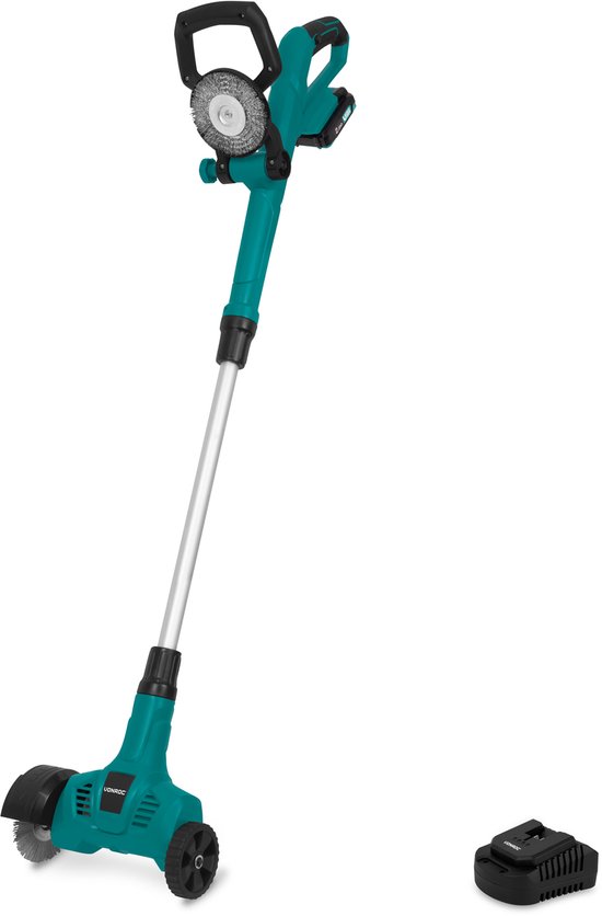 Désherbeuse électrique avec manche télescopique, batterie 2.0Ah et chargeur rapide. Vert et argent.