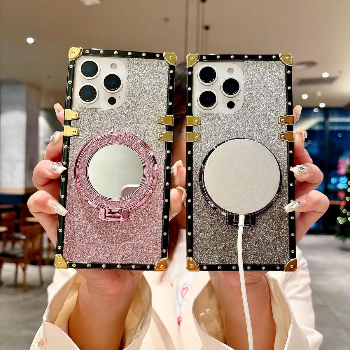voor iPhone 14 Pro Max hoesje voor vrouwen, glitter gradiënt compatibel met Magsafe, magnetische standaard spiegel voor iPhone14 Pro Max 6,7" - zwart