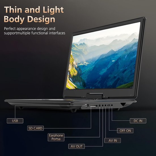 17,9-inch draagbare dvd-speler voor kinderen met 15,6-inch draaibaar scherm, oplaadbare accu (5 uur), dvd-speler voor in de auto met luid stereogeluid, afstandsbediening, ondersteuning voor tv-synchronisatie, regiovrij (USB/SD/AV), zwart — afbeelding 3