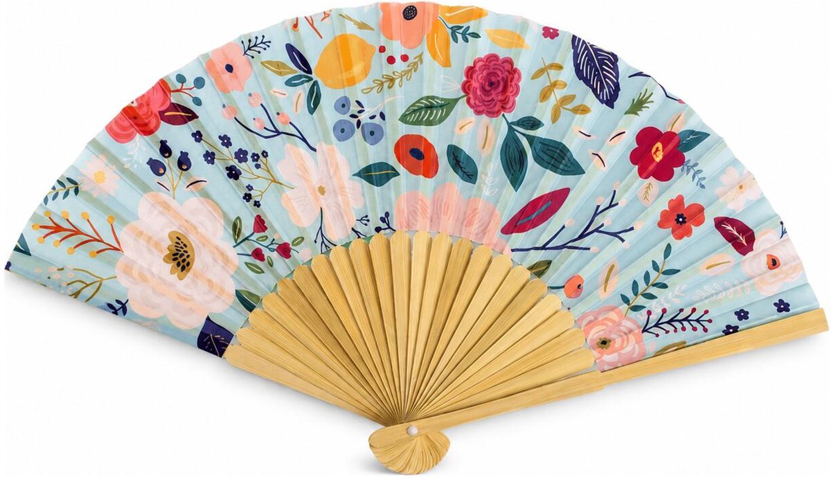 Spaanse hand waaier - bloemen - lichtblauw - 21 cm - bamboe/papier