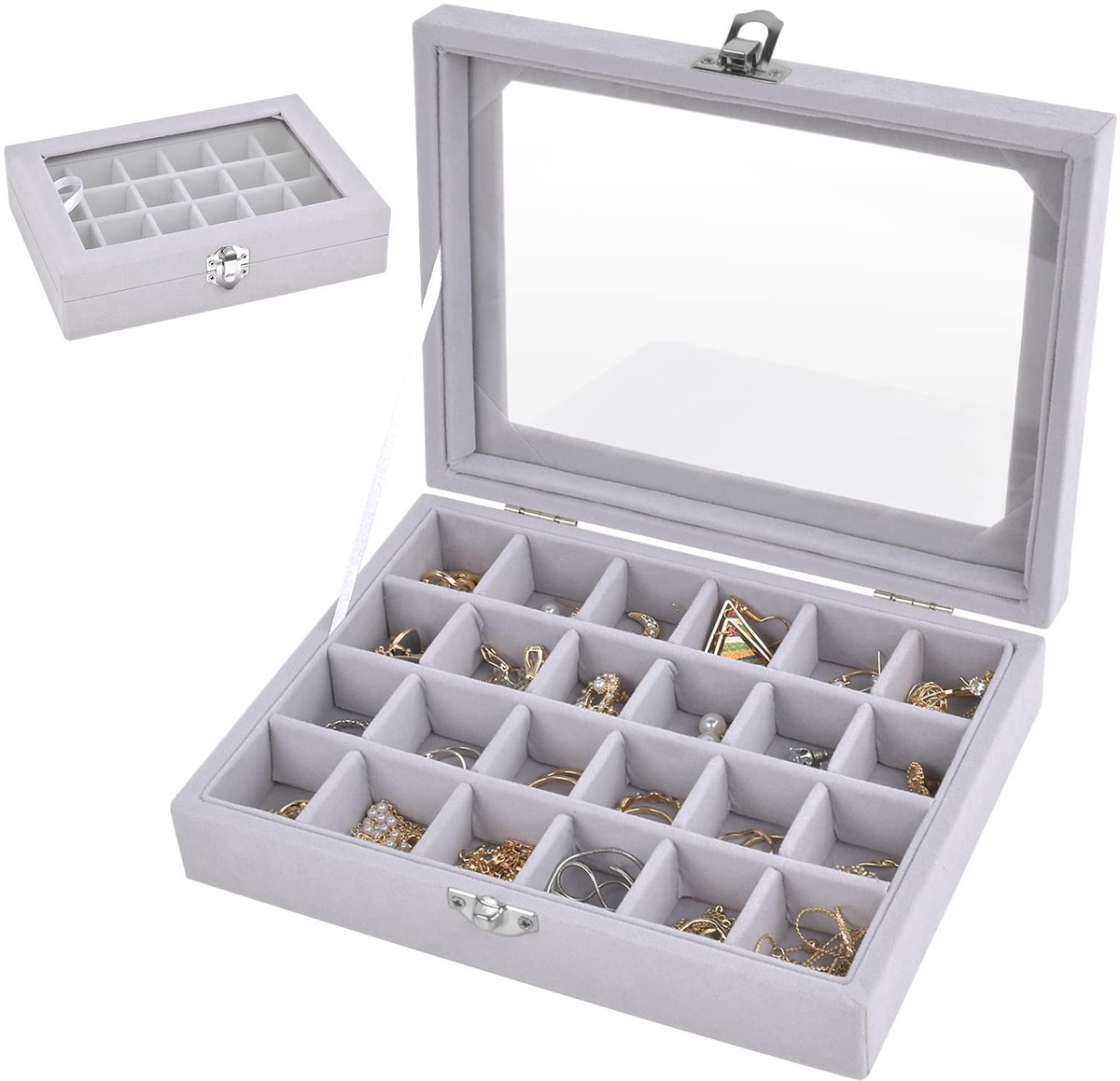 Sieraden Organizer Display, fluwelen oorbel display box met 24 roosters en glazen deksel, oorbellen opbergdoos met verstelbare opbergroosters voor kettingen, ringen, armbanden, horloges