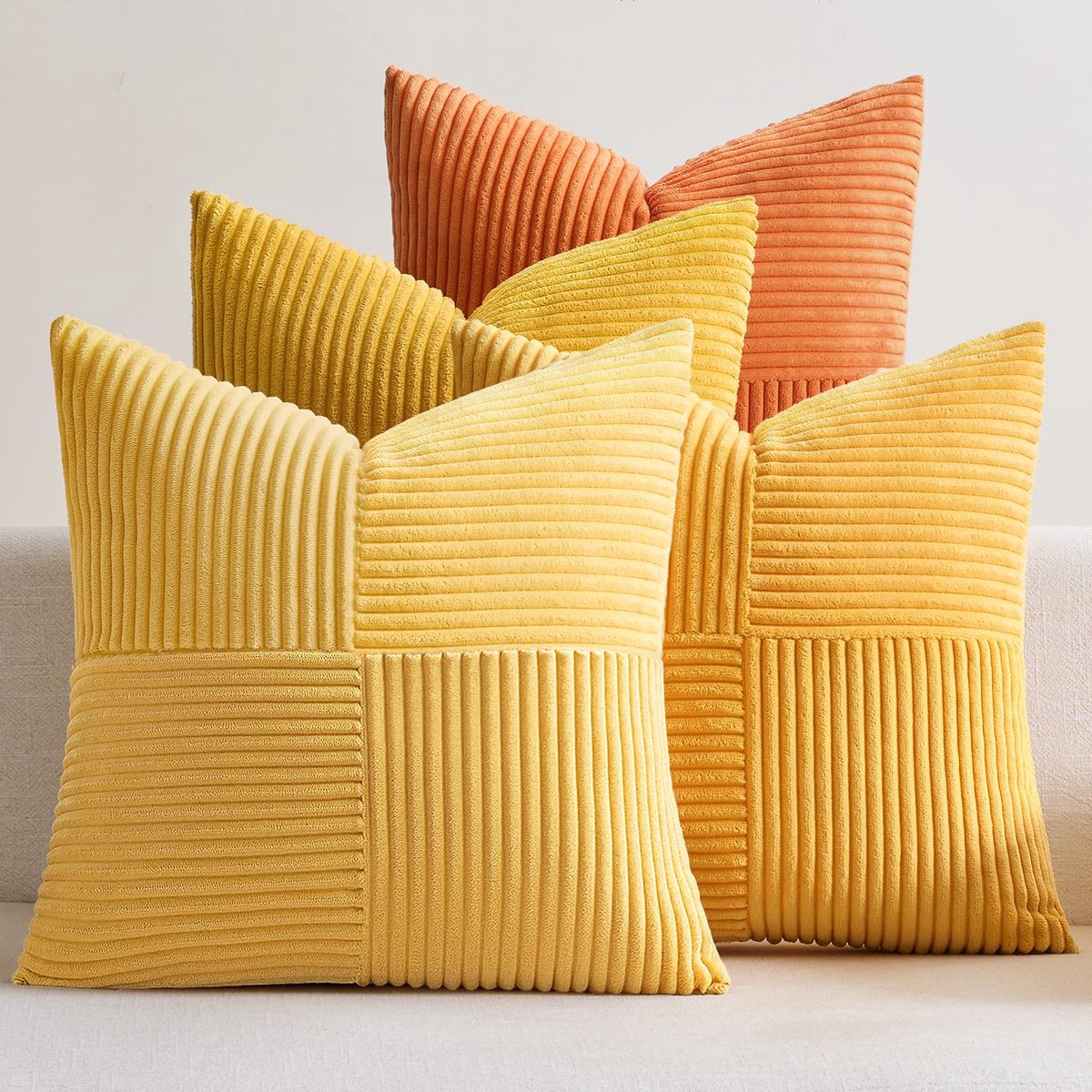 Kussensloop ribfluwelen set van 4 herfst patchwork kussenhoes 40 x 40 cm sierkussenhoes sofakussen corduroy decoratieve kussens voor bank, stoel, thuis, slaapkamer, oranje serie