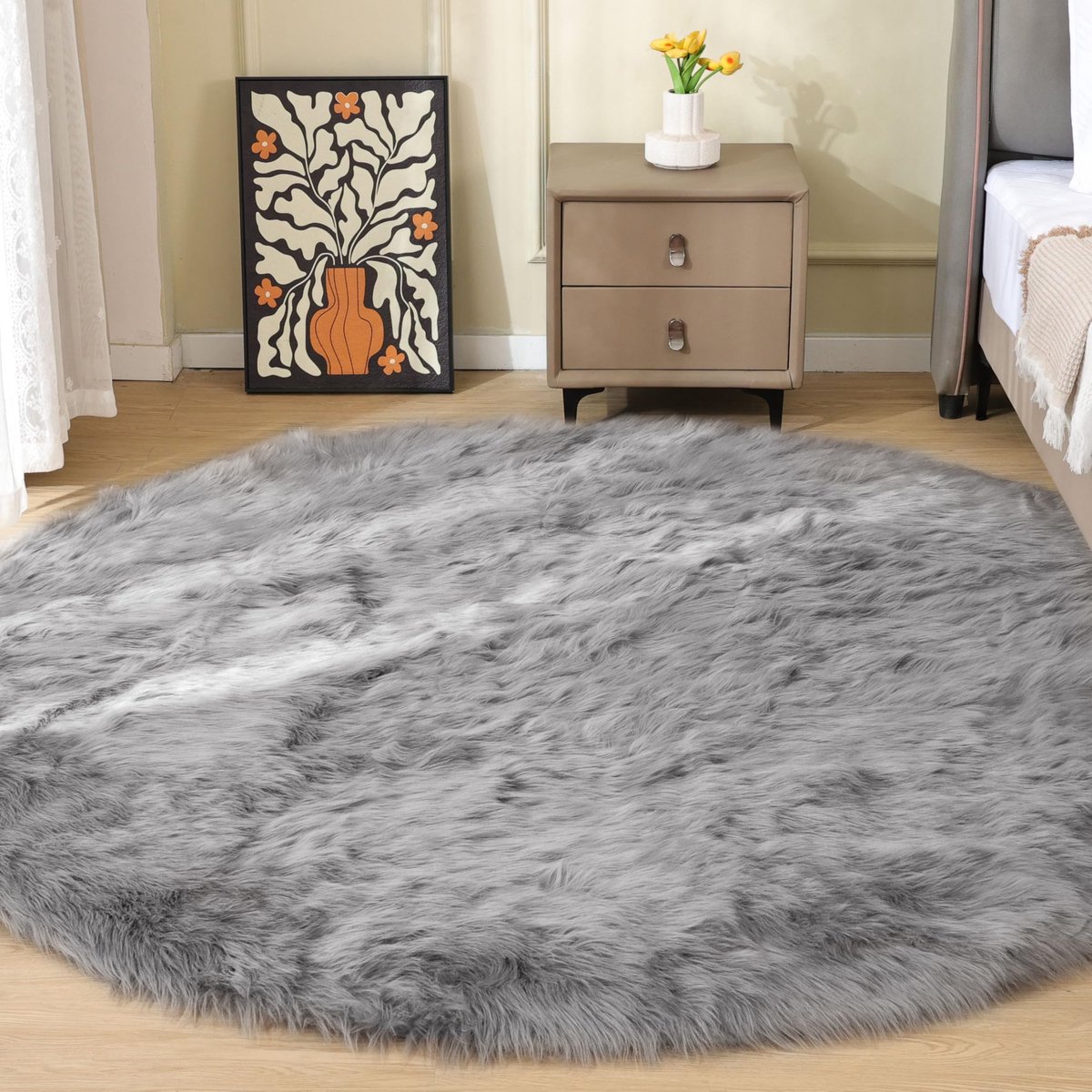 Rond 200 cm grijs Vloerkleed Zacht Fluffy Shaggy Tapijt voor Slaapkamer