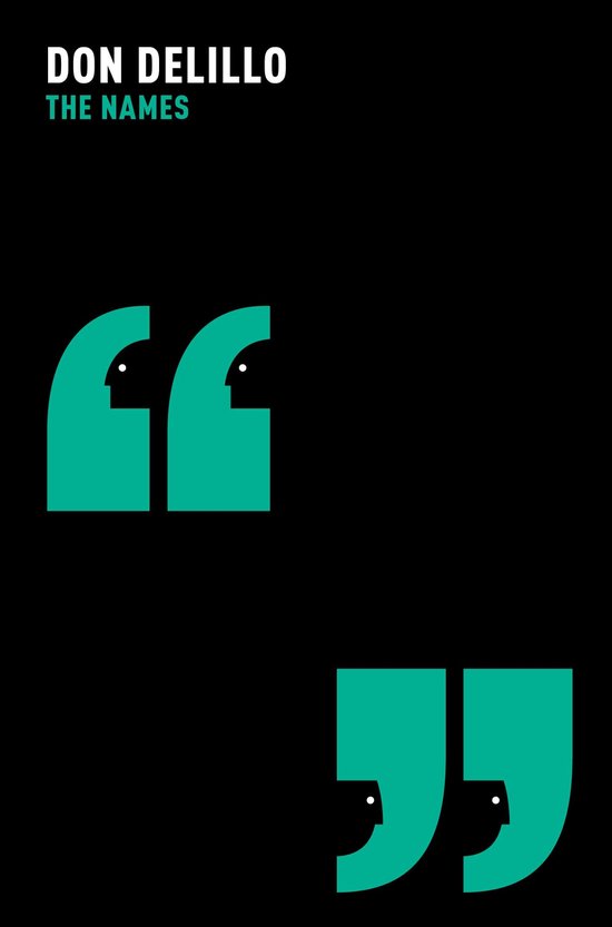 Boek "The Names" van Don DeLillo, met turquoise aanhalingstekens op een zwarte achtergrond.