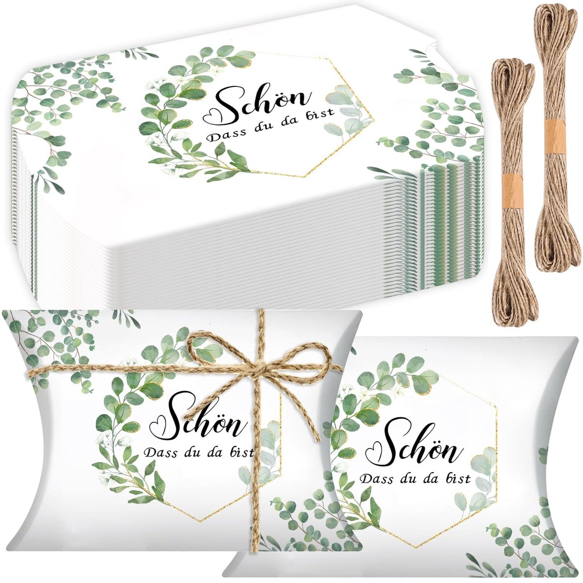 Dailygoods- Geschenkdoosjes 100 stuks - Eucalyptus-design - Cadeauverpakking - Bruiloft/Doop - Milieuvriendelijk - Hoogwaardig karton - Jute koord