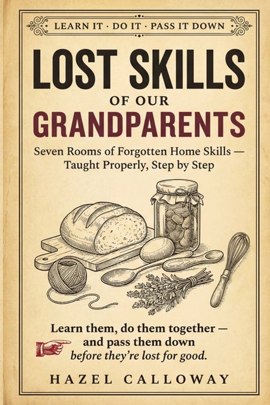 Boek 'Lost Skills of Our Grandparents' met afbeeldingen van brood, jam, touw, kruiden en keukengerei.