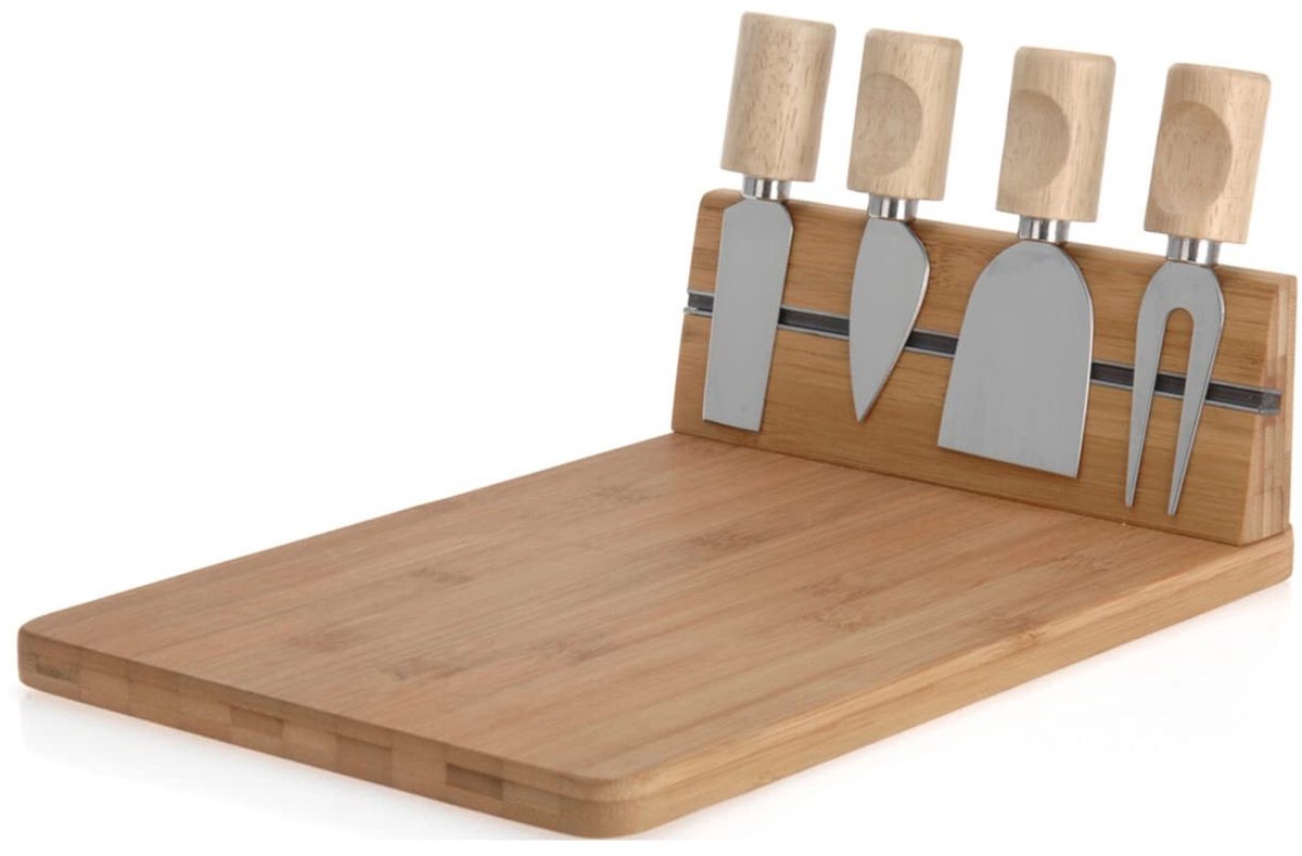 Dailygoods- Kaasplank 5-delige set - Kaasmessen/kaasspatel - Kaasvork - Serveerschotel - Houten - 30 x 20 cm - Kaassnijplank